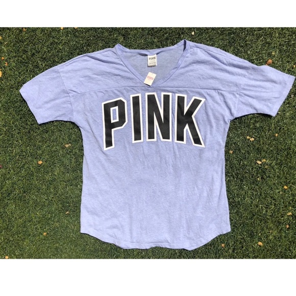 PINK Victoria's Secret Tops - VS PINK Football V-Neck Tee Blue S/S Logo Top L